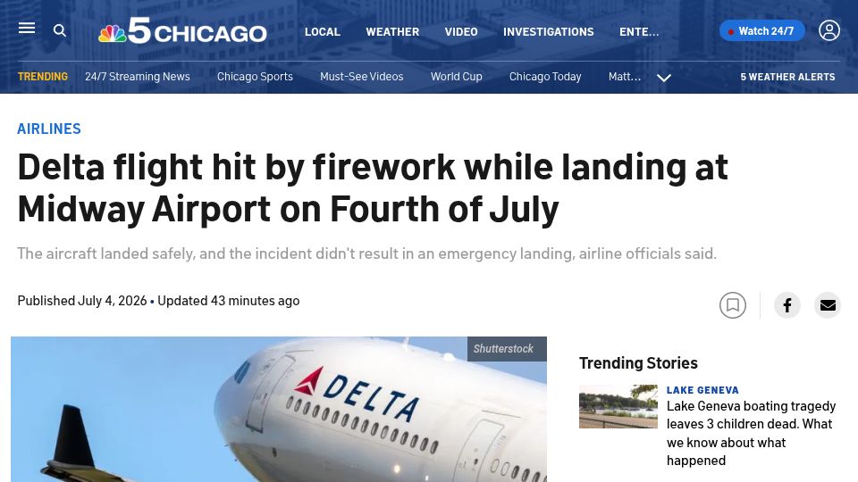Screenshot of nbcchicago.com: Delta flight hit by firework while landing at Midway Airport on Fourth of July