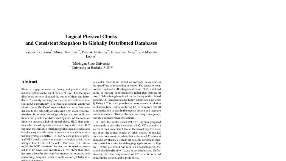 Screenshot of cse.buffalo.edu: Logical Physical Clocks and Consistent Snapshots in Globally Distributed DB [pdf]