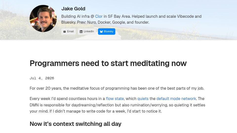 Screenshot of jacob.gold: Programmers need to start meditating