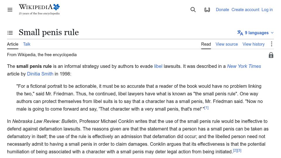 Screenshot of en.wikipedia.org: Small Penis Rule