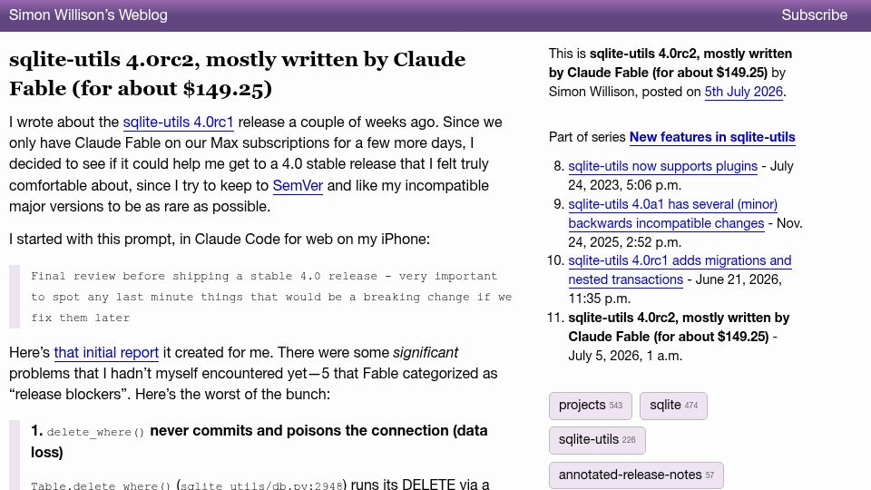 Screenshot of simonwillison.net: sqlite-utils 4.0rc2, mostly written by Claude Fable (for about $149.25)