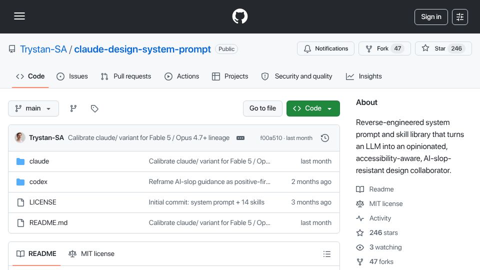 Screenshot of github.com: Claude Design System Prompt