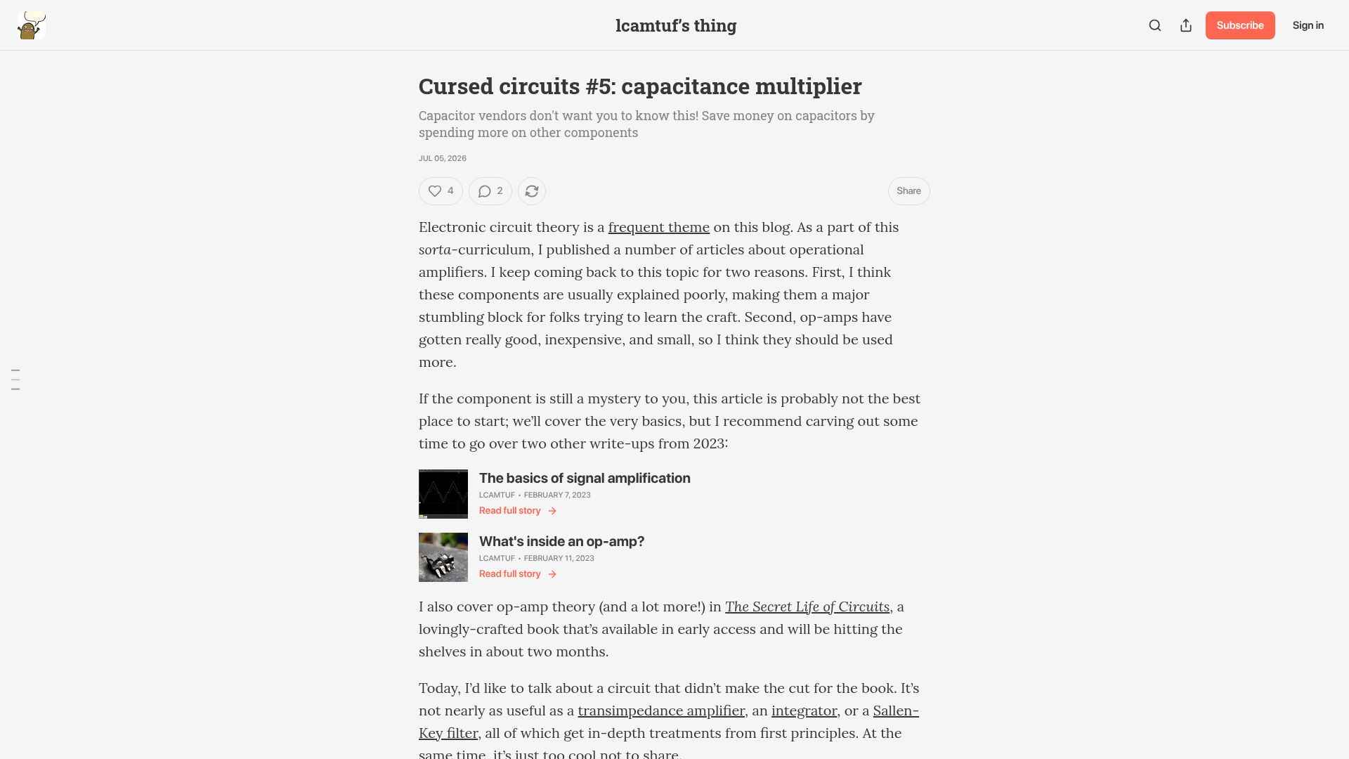 Screenshot of lcamtuf.substack.com: Cursed circuits #5: capacitance multiplier