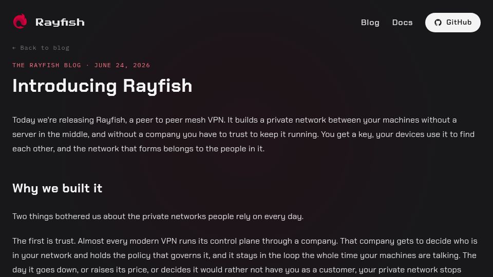 Screenshot of rayfish.xyz: Rayfish, Peer-to-peer mesh VPN with no server to trust