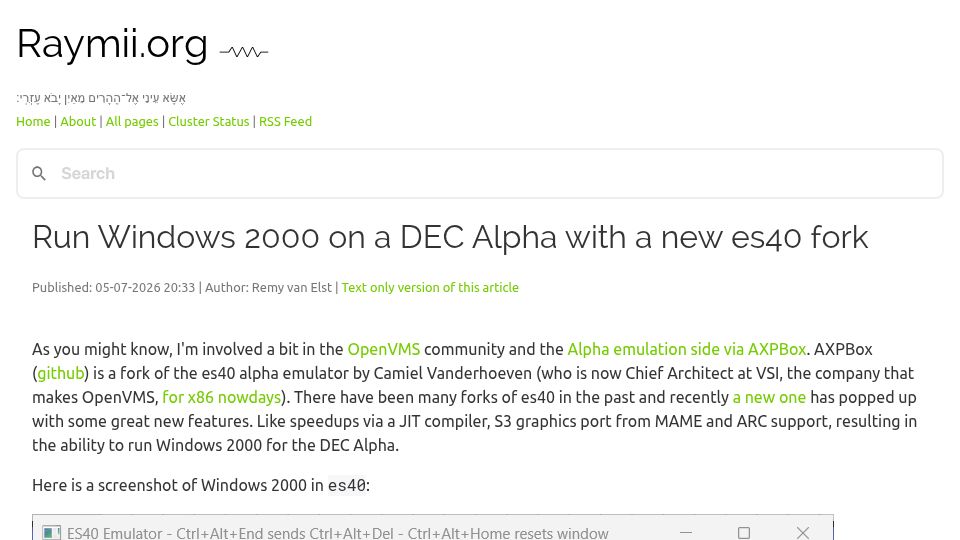Screenshot of raymii.org: Run Windows 2000 on a DEC Alpha with a new es40 fork
