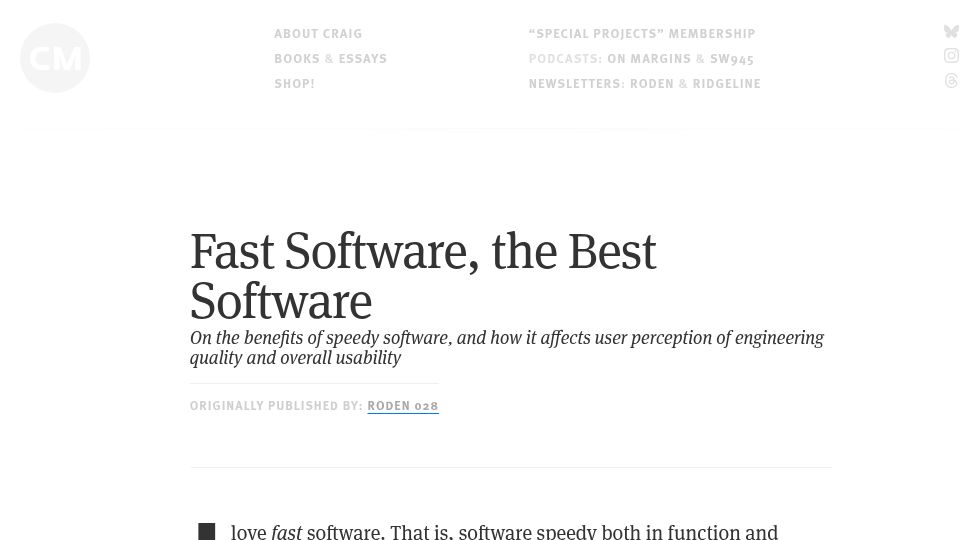 Screenshot of craigmod.com: Fast Software, the Best Software (2019)