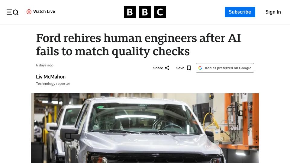 Screenshot of bbc.com: Ford rehires human engineers after AI fails to match quality checks