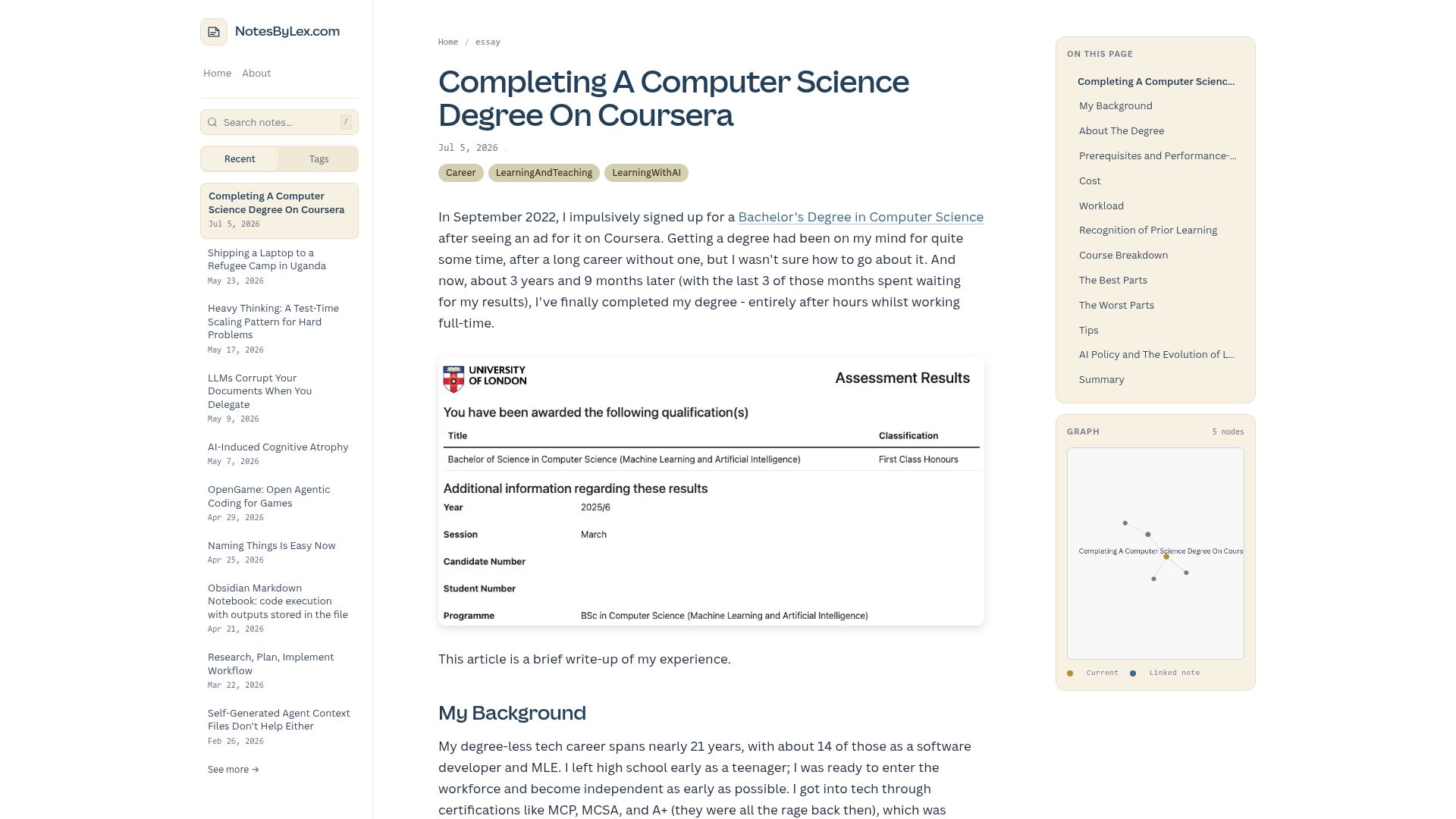 Screenshot of notesbylex.com: Completing a computer science degree on Coursera