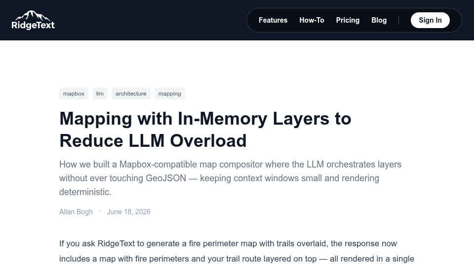 Screenshot of ridgetext.com: Mapping with In-Memory Layers to Reduce LLM Overload