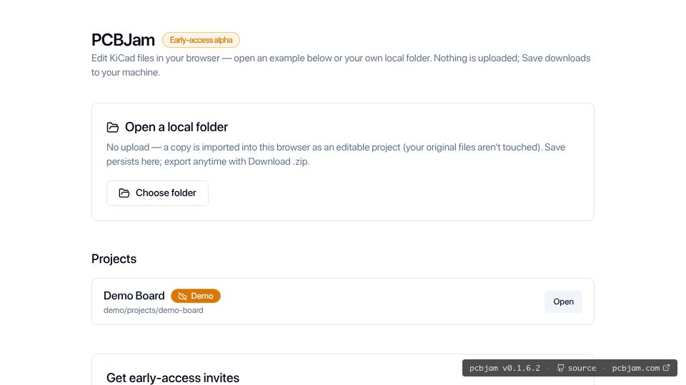 Screenshot of demo.pcbjam.com: Show HN: KiCad in the Browser