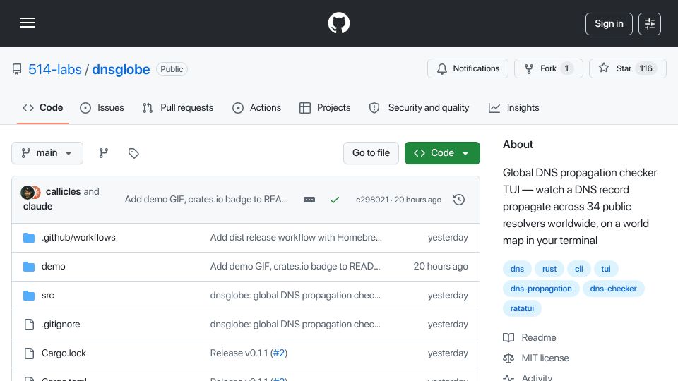 Screenshot of github.com: DNSGlobe – Rust TUI to watch DNS propagate around the world