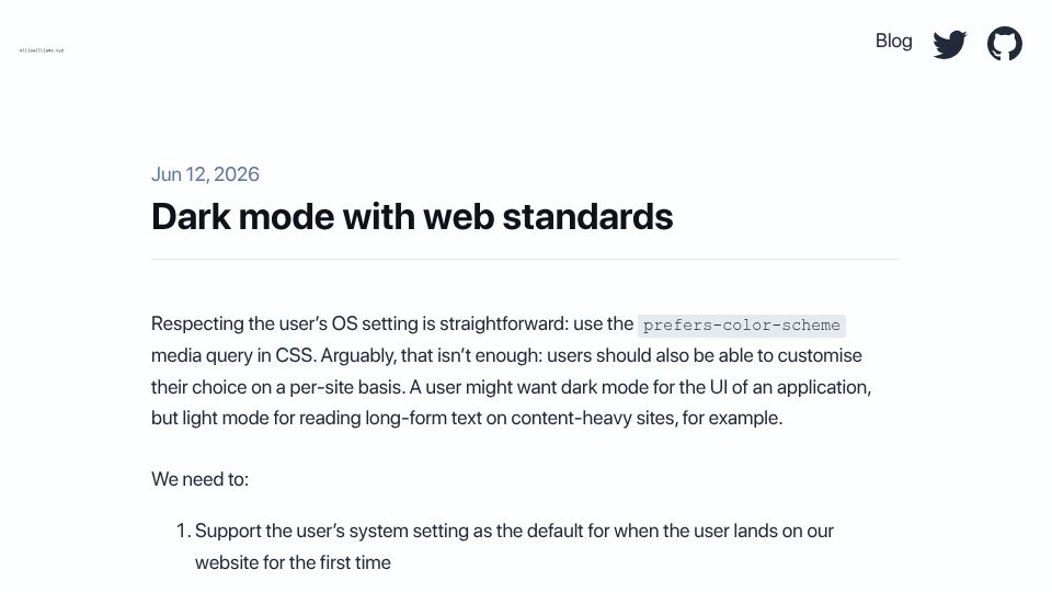 Screenshot of olliewilliams.xyz: Dark mode with web standards