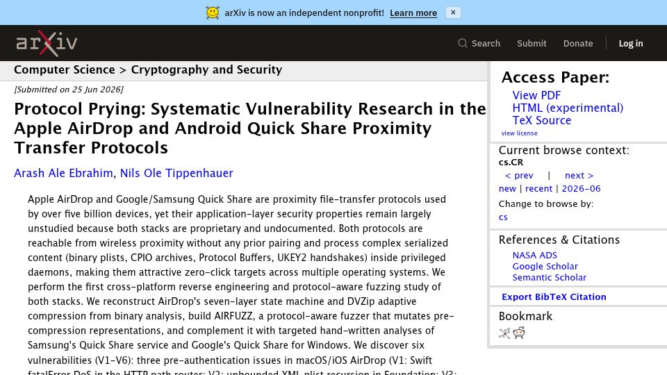 Screenshot of arxiv.org: Protocol Prying: Vulnerability Research in AirDrop and Quick Share