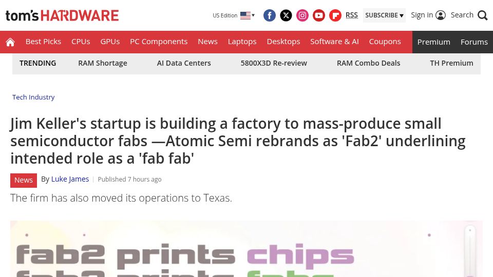 Screenshot of tomshardware.com: Jim Keller's startup is building a factory to mass-produce small chip fabs