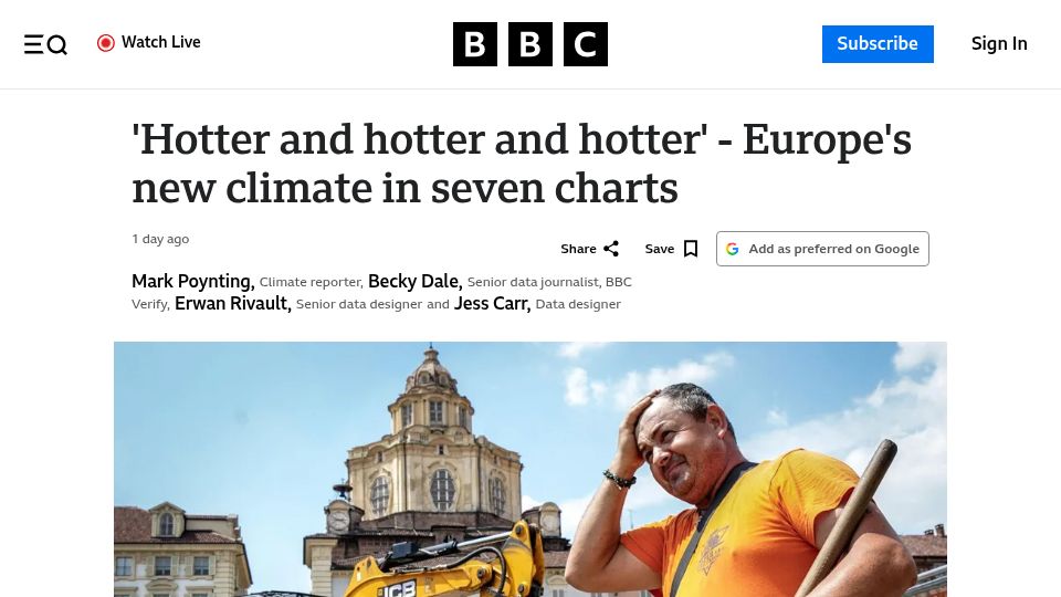 Screenshot of bbc.com: Europe's new climate in seven charts