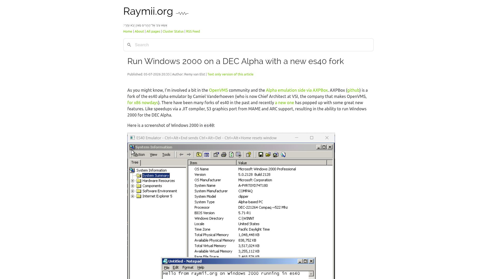 Screenshot of raymii.org: Run Windows 2000 on a DEC Alpha with a new es40 fork