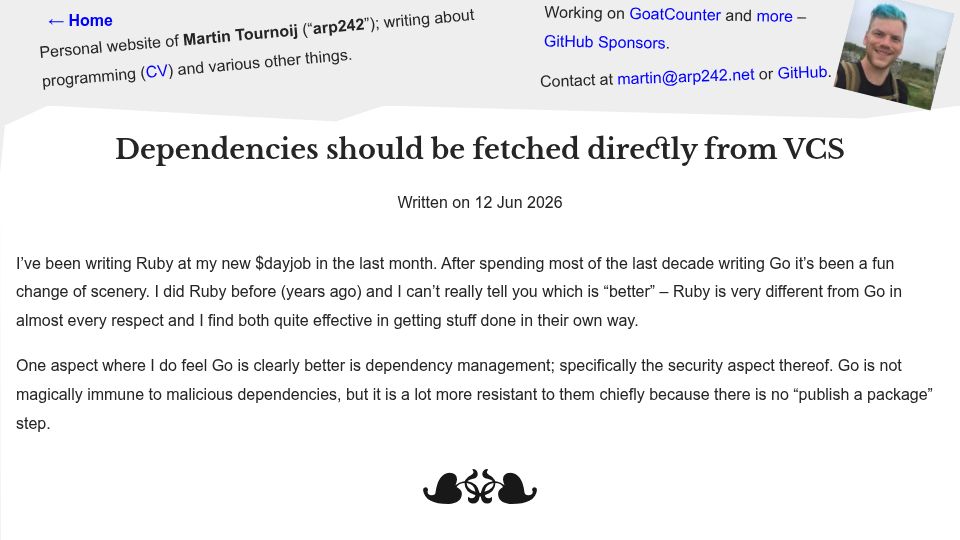 Screenshot of arp242.net: Dependencies should be fetched directly from VCS