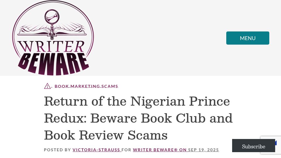 Screenshot of writerbeware.blog: Return of the Nigerian Prince Redux: Beware Book Club and Book Review Scams (2025)