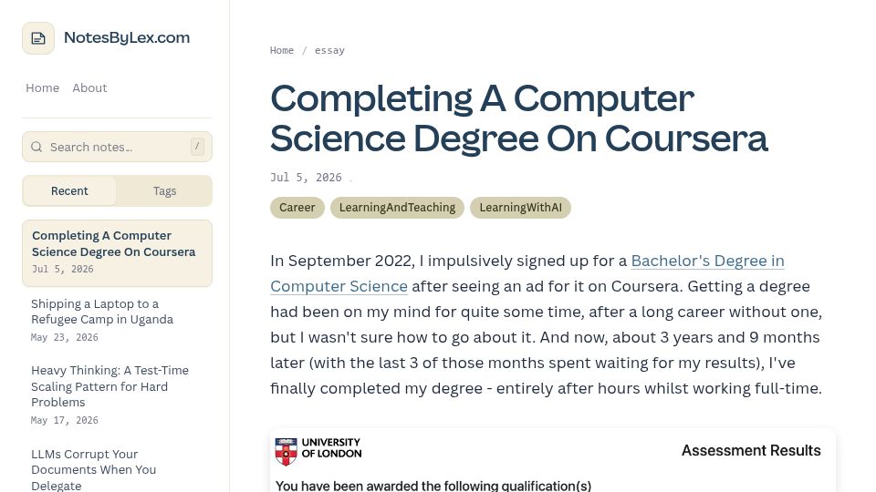 Screenshot of notesbylex.com: Completing a computer science degree on Coursera