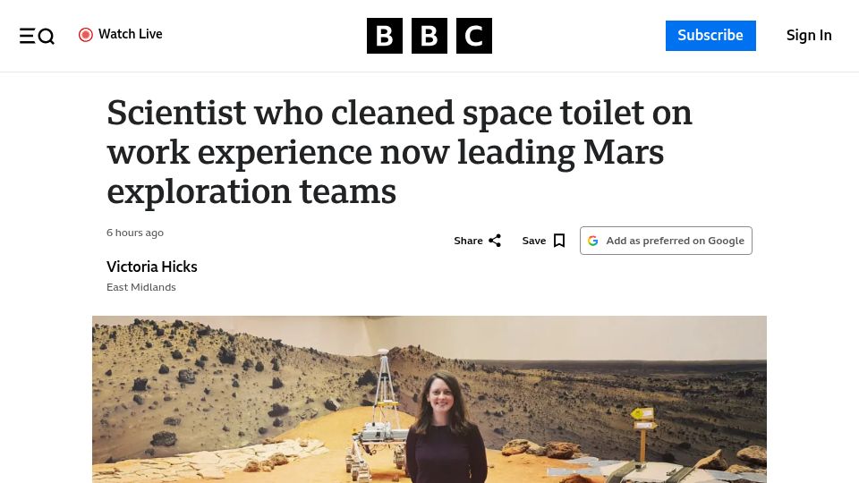 Screenshot of bbc.com: Scientist who cleaned space toilet on work now leading Mars exploration