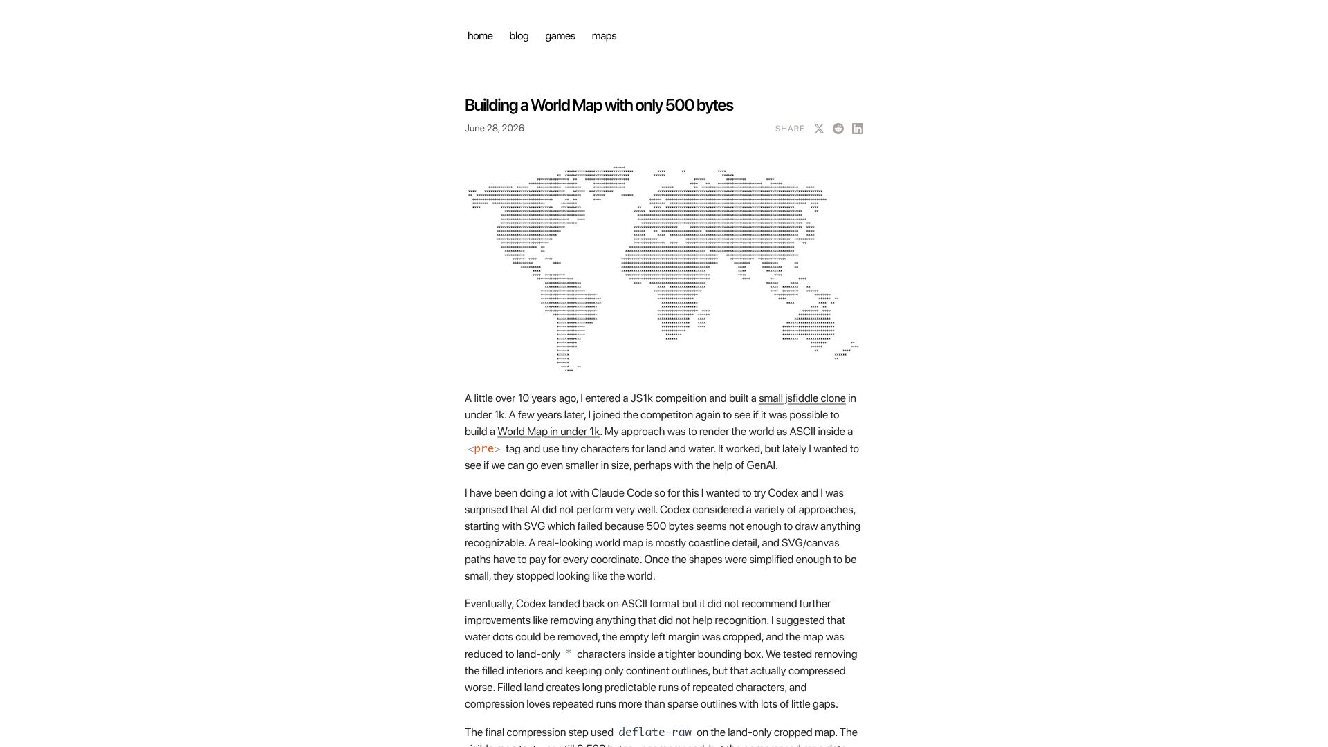 Screenshot of experimentlog.com: Can you build a recognizable World Map in under 500 bytes?