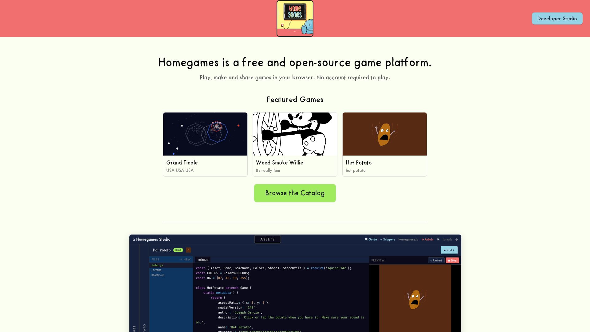 Screenshot of homegames.io: Show HN: Homegames. An open-source game platform I've been making for 8 years