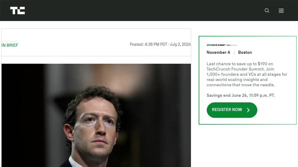 Screenshot of techcrunch.com: Mark Zuckerberg tells staff that AI agents haven't progressed enough
