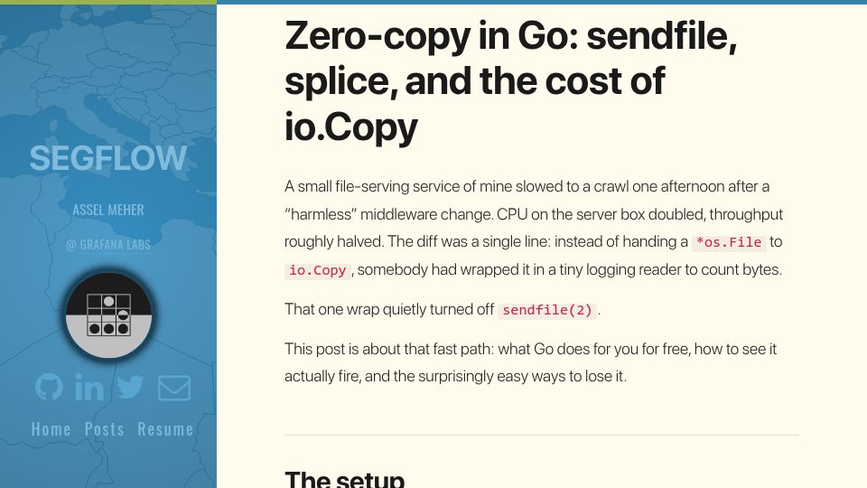 Screenshot of segflow.github.io: Zero-copy in Go: sendfile, splice, and the cost of io.Copy