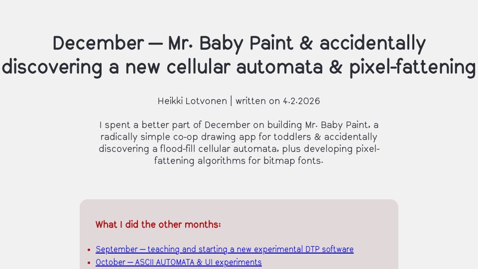 Screenshot of tekstien-marginaalien-keskus.aalto.fi: Mr. Baby Paint and accidentally discovering a new cellular automata