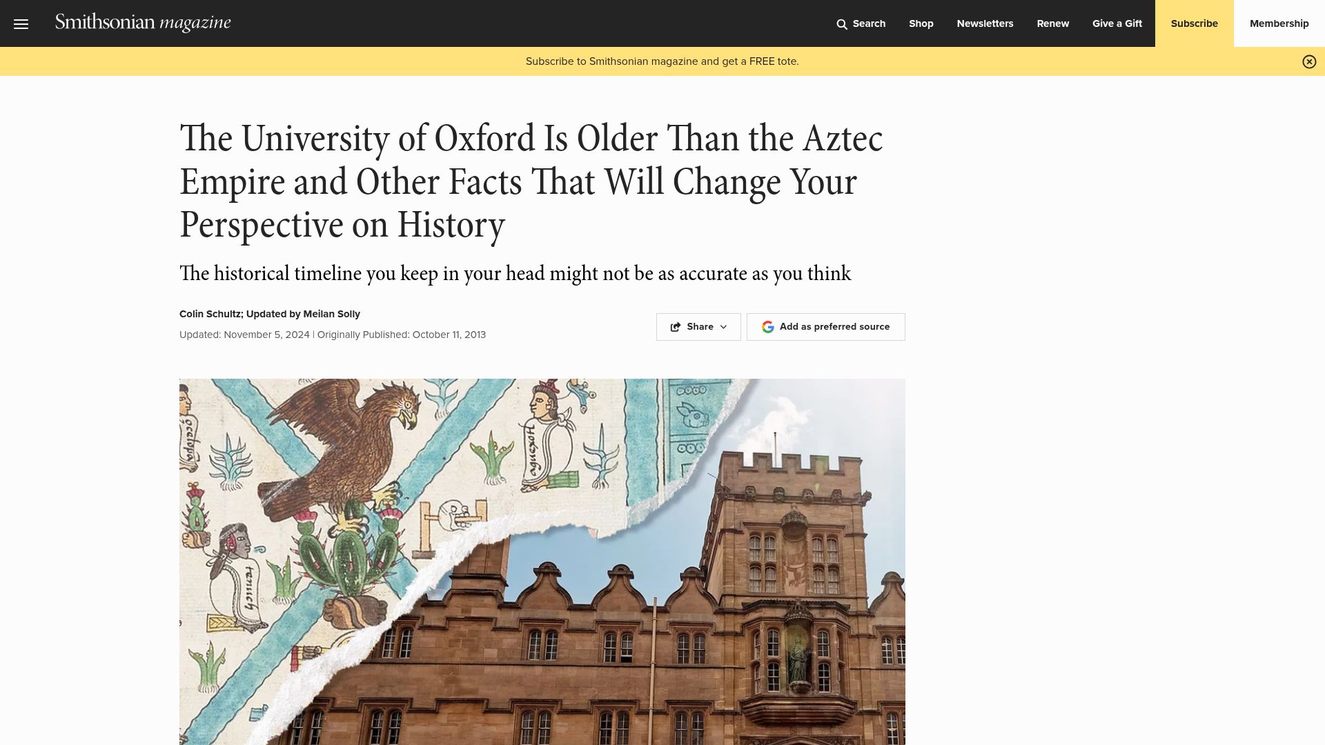Screenshot of smithsonianmag.com: University of Oxford Is Older Than the Aztec Empire and Other Facts of History (2013)