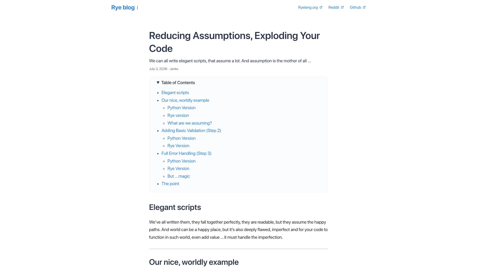 Screenshot of ryelang.org: Reducing Assumptions, Exploding Your Code