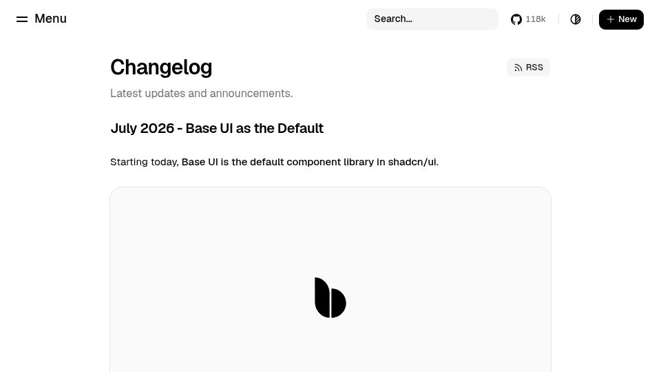 Screenshot of ui.shadcn.com: Shadcn/UI now defaults to Base UI instead of Radix