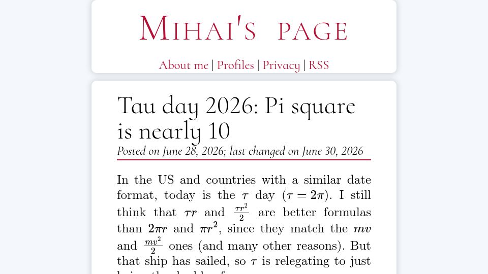 Screenshot of mihai.page: Pi squared is nearly 10