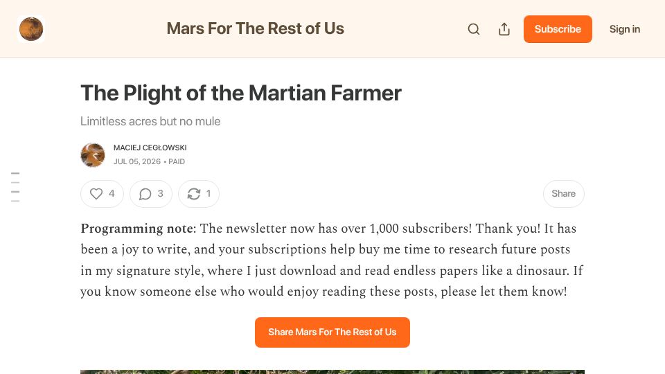 Screenshot of mceglowski.substack.com: The Plight of the Martian Farmer