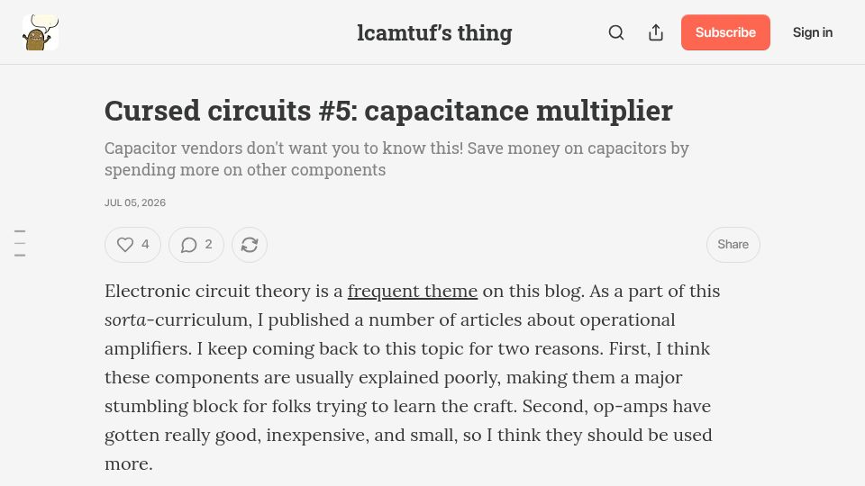 Screenshot of lcamtuf.substack.com: Cursed circuits #5: capacitance multiplier