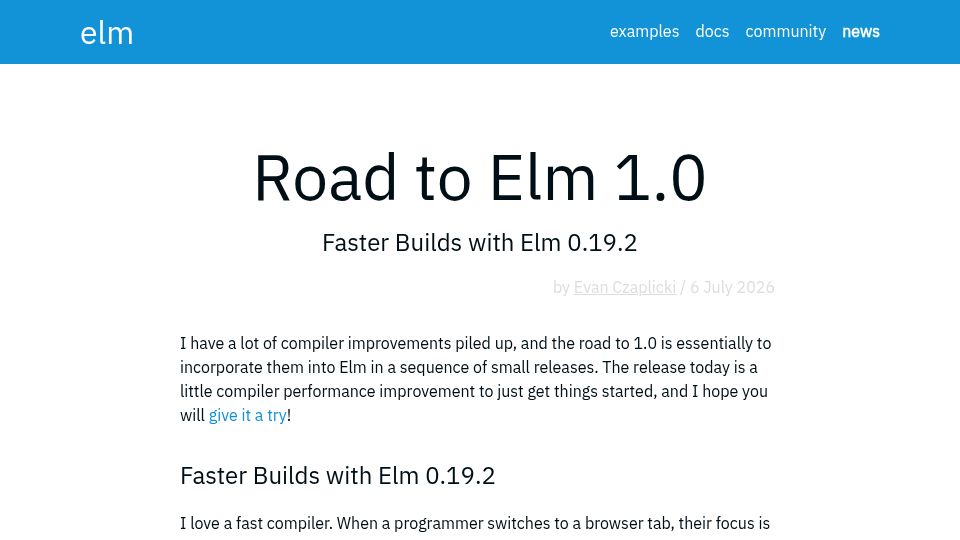 Screenshot of elm-lang.org: Road to Elm 1.0