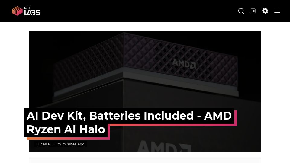 Screenshot of lttlabs.com: AMD Ryzen AI Halo – $4k AI Dev Kit