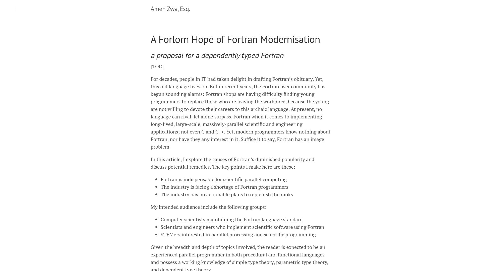 Screenshot of amenzwa.github.io: A Forlorn Hope of Fortran Modernisation