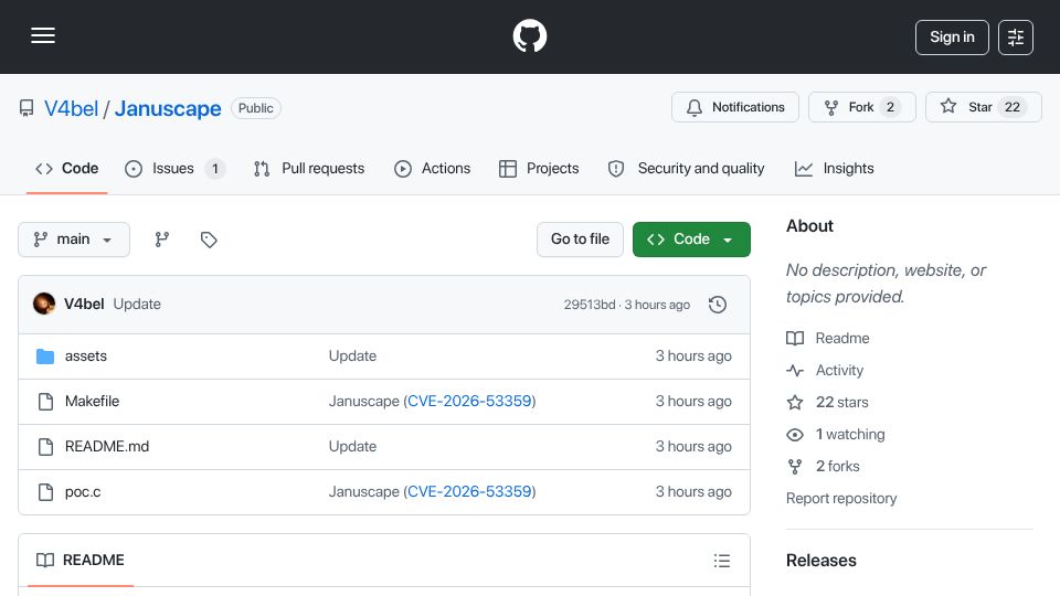Screenshot of github.com: Januscape: Guest-to-Host Escape in KVM/x86 [CVE-2026-53359]