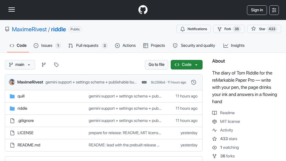 Screenshot of github.com: Fable turned reMarkable into Tom Riddle's diary from Harry Potter