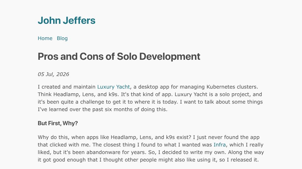 Screenshot of johnjeffers.com: Pros and Cons of Solo Development