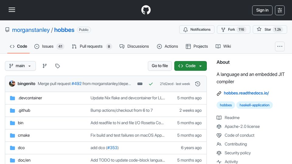 Screenshot of github.com: Hobbes – A Language and Embedded JIT Compiler