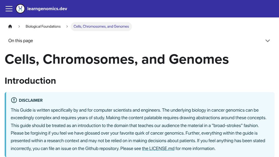 Screenshot of learngenomics.dev: Introduction to Genomics for Engineers