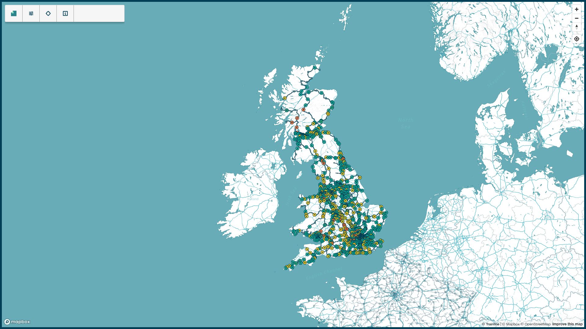 Screenshot of map.signalbox.io: Real-time map of Great Britain's rail network