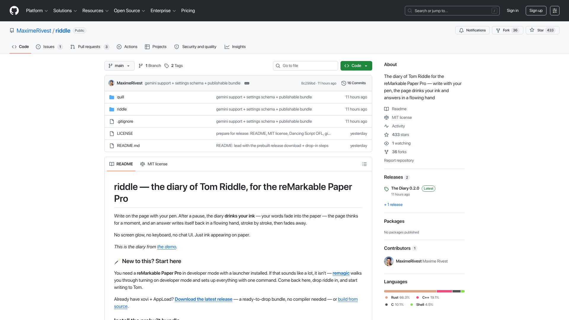 Screenshot of github.com: Fable turned reMarkable into Tom Riddle's diary from Harry Potter