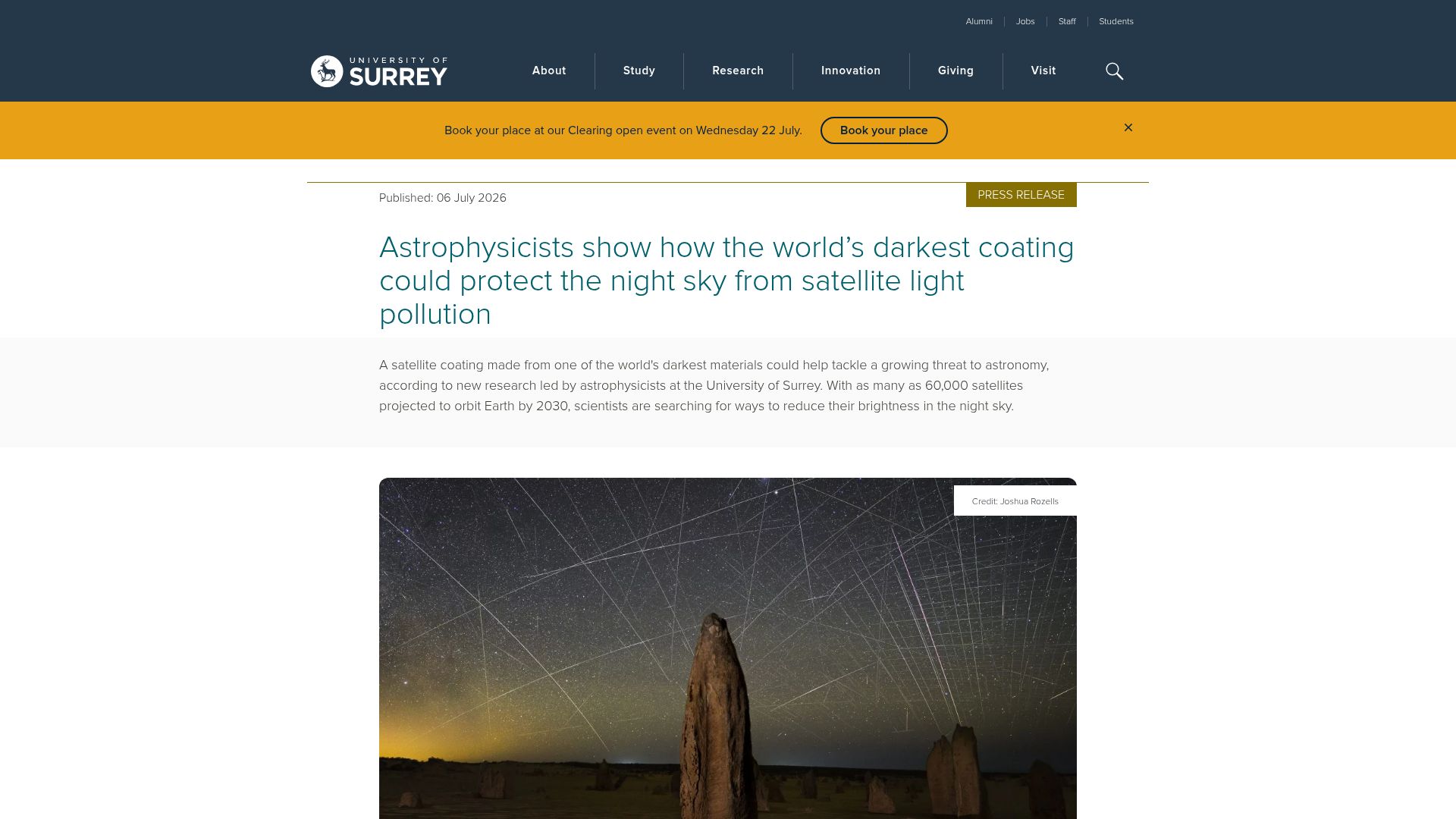 Screenshot of surrey.ac.uk: Study: ultra-black coating could reduce satellite light pollution