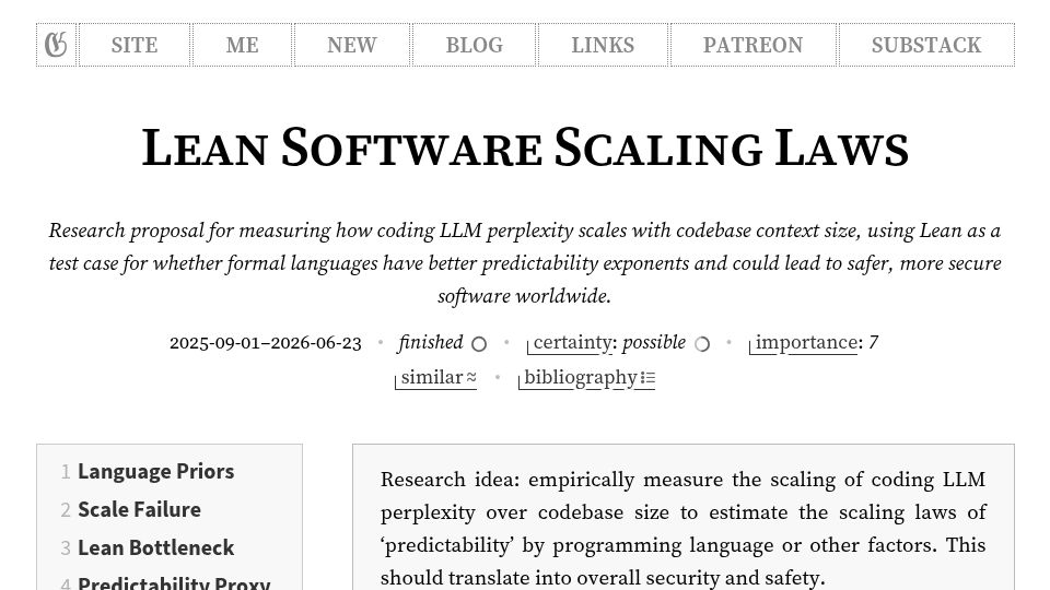 Screenshot of gwern.net: Lean Software Scaling Laws
