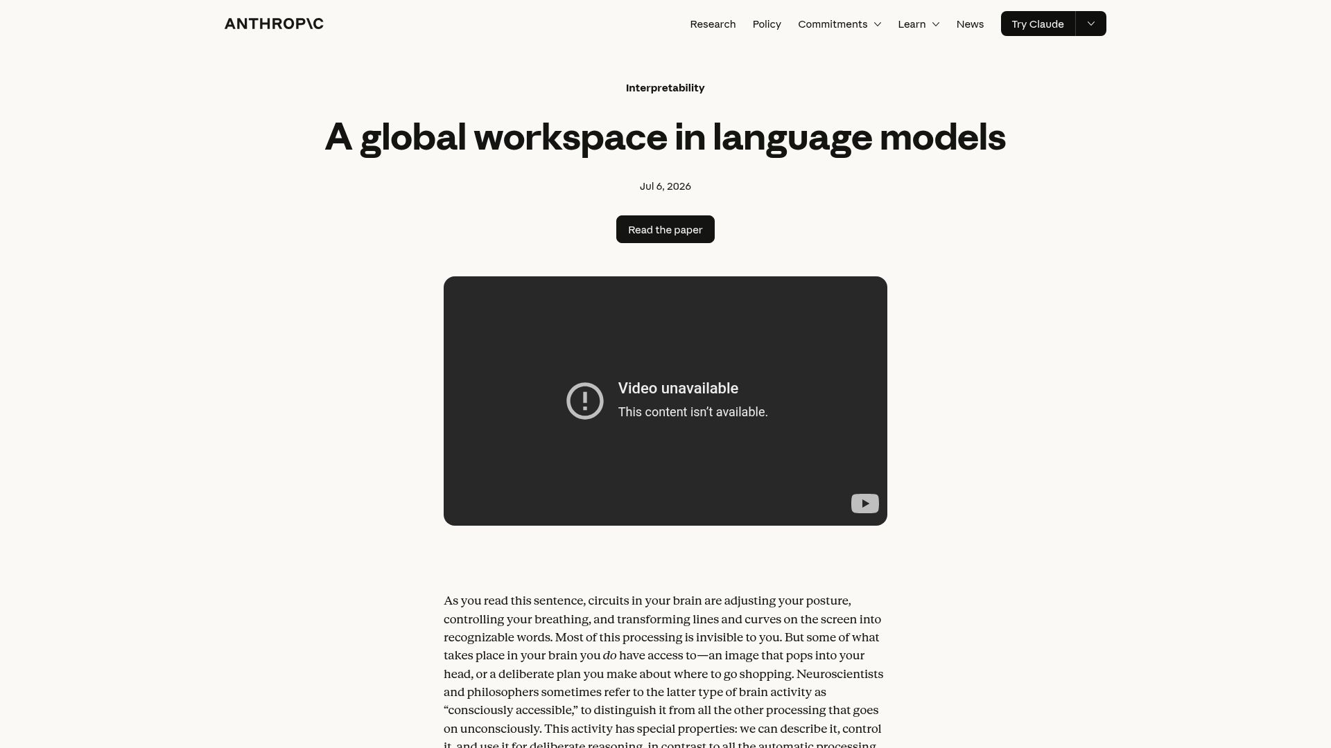 Screenshot of anthropic.com: A global workspace in language models