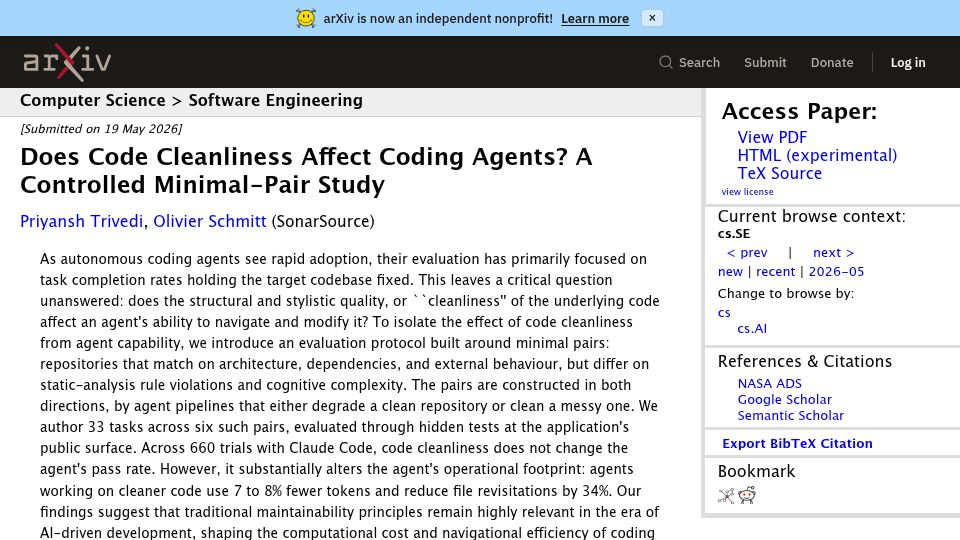 Screenshot of arxiv.org: Does code cleanliness affect coding agents? A controlled minimal-pair study