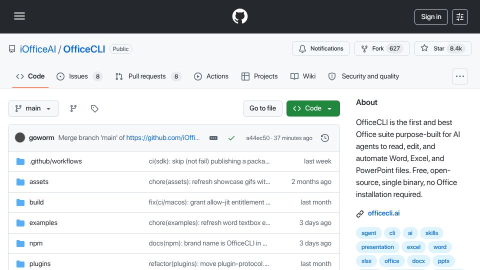 Screenshot of github.com: OfficeCLI: Office suite for AI agents to read and edit Microsoft Office files